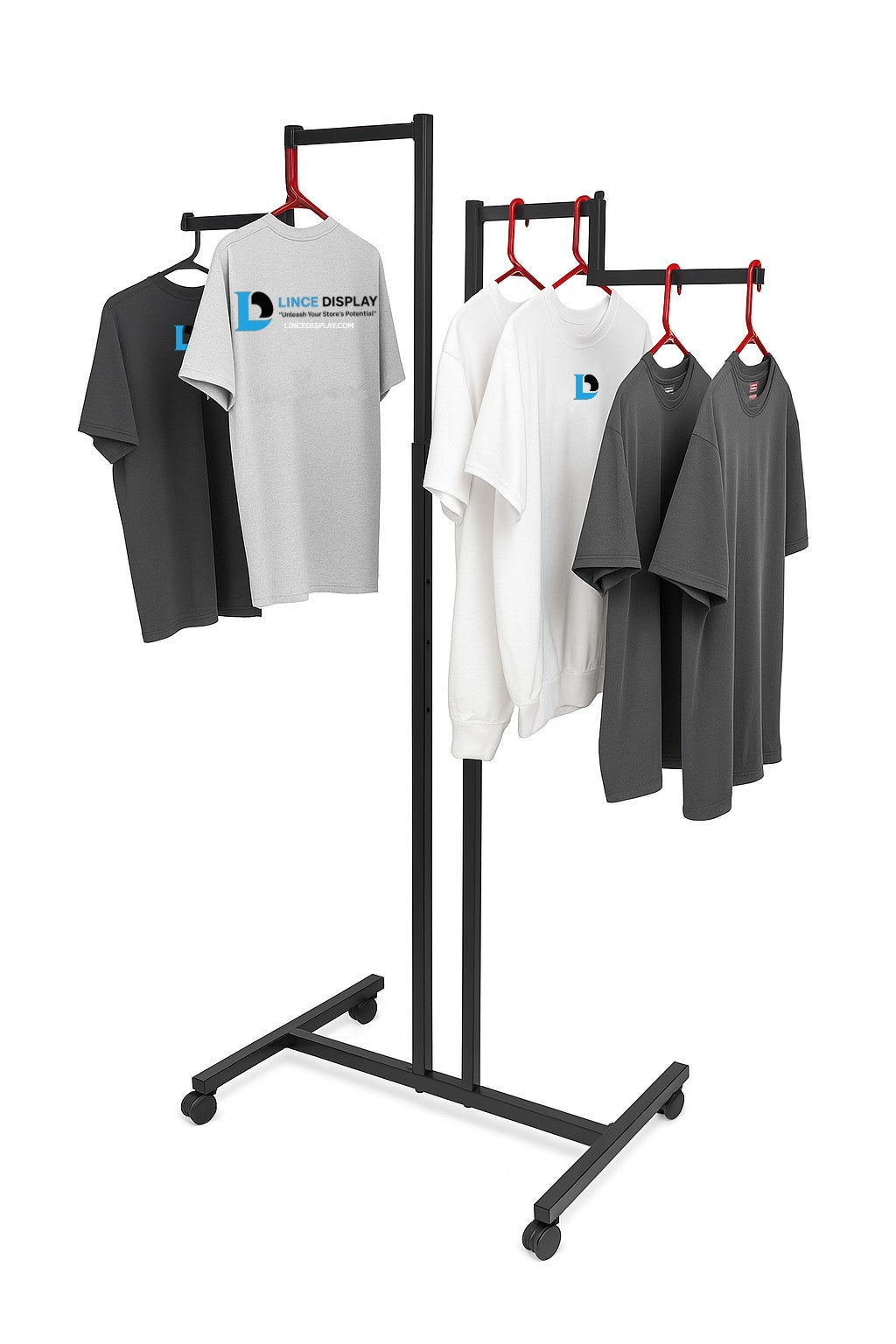 Heavy Duty 2-Way Step Arm Clothing Rail – Adjustable Black Retail Display Stand with Castors & Brakes