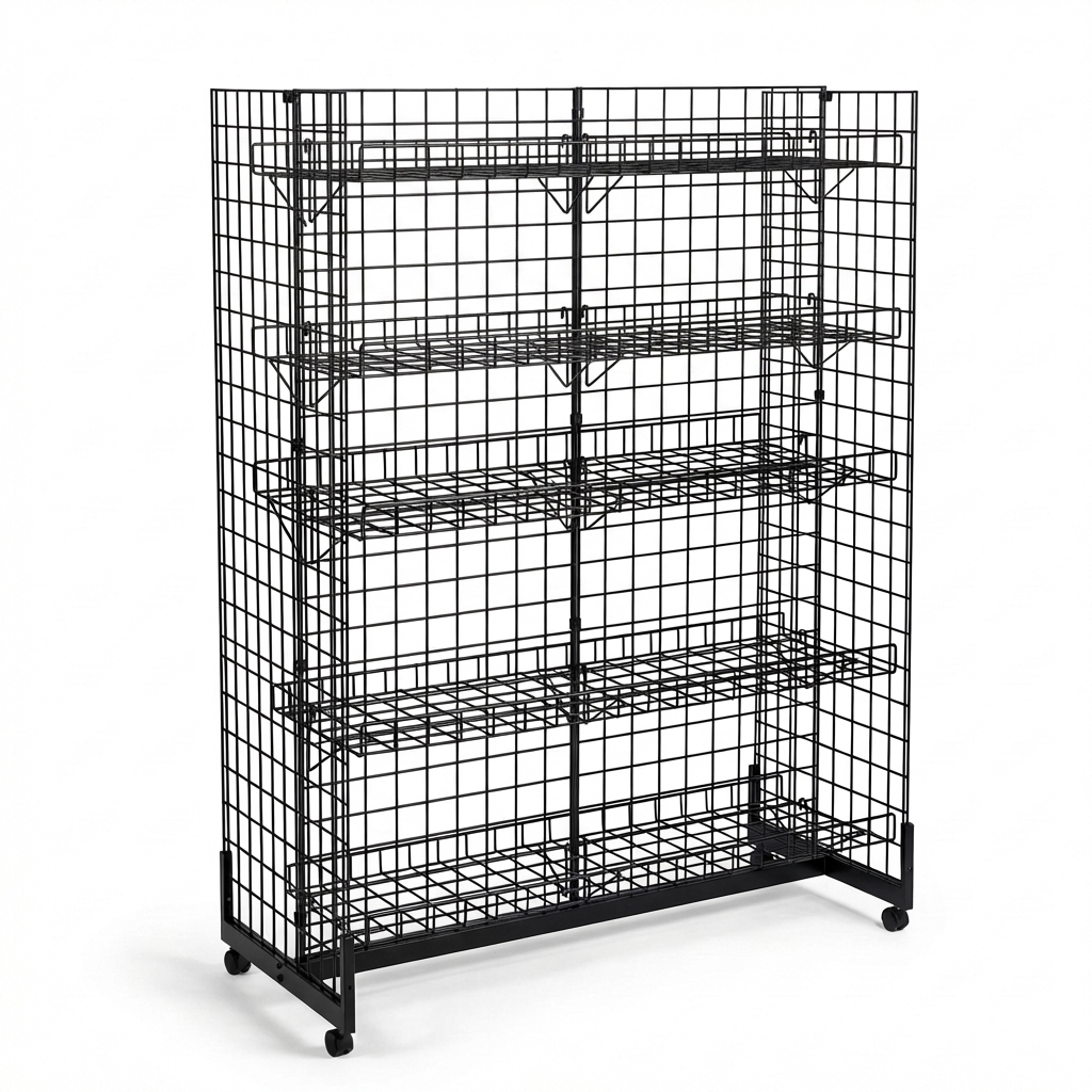6ft H-Shape Grid Mesh Gondola Display Stand with Wheels – Double-Sided Retail Gridwall Merchandiser with Shelves