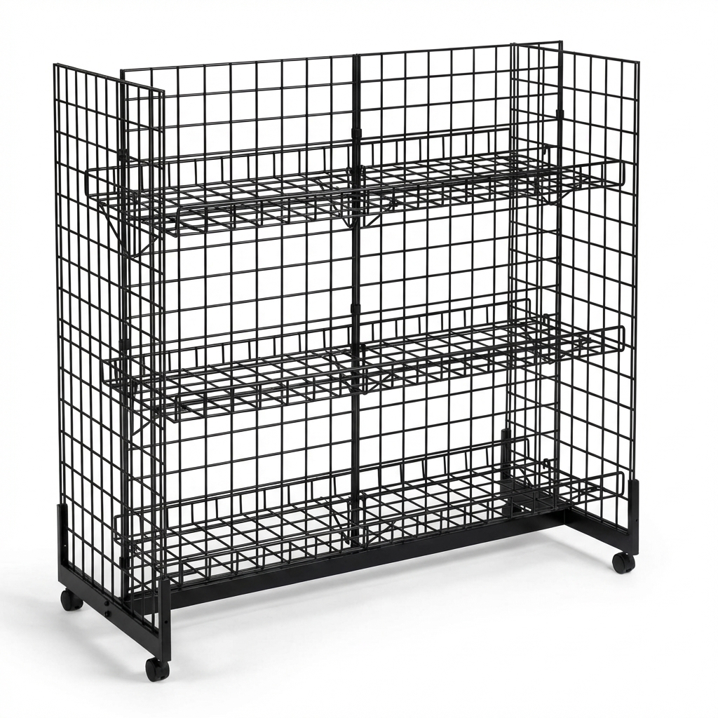 4ft H-Shape Grid Mesh Gondola Display Stand with Wheels – Double-Sided Retail Gridwall Merchandiser with Shelves