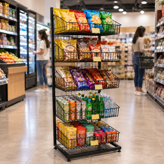 Black 5-Tier Single-Sided Wire Basket Display Stand – 65cm