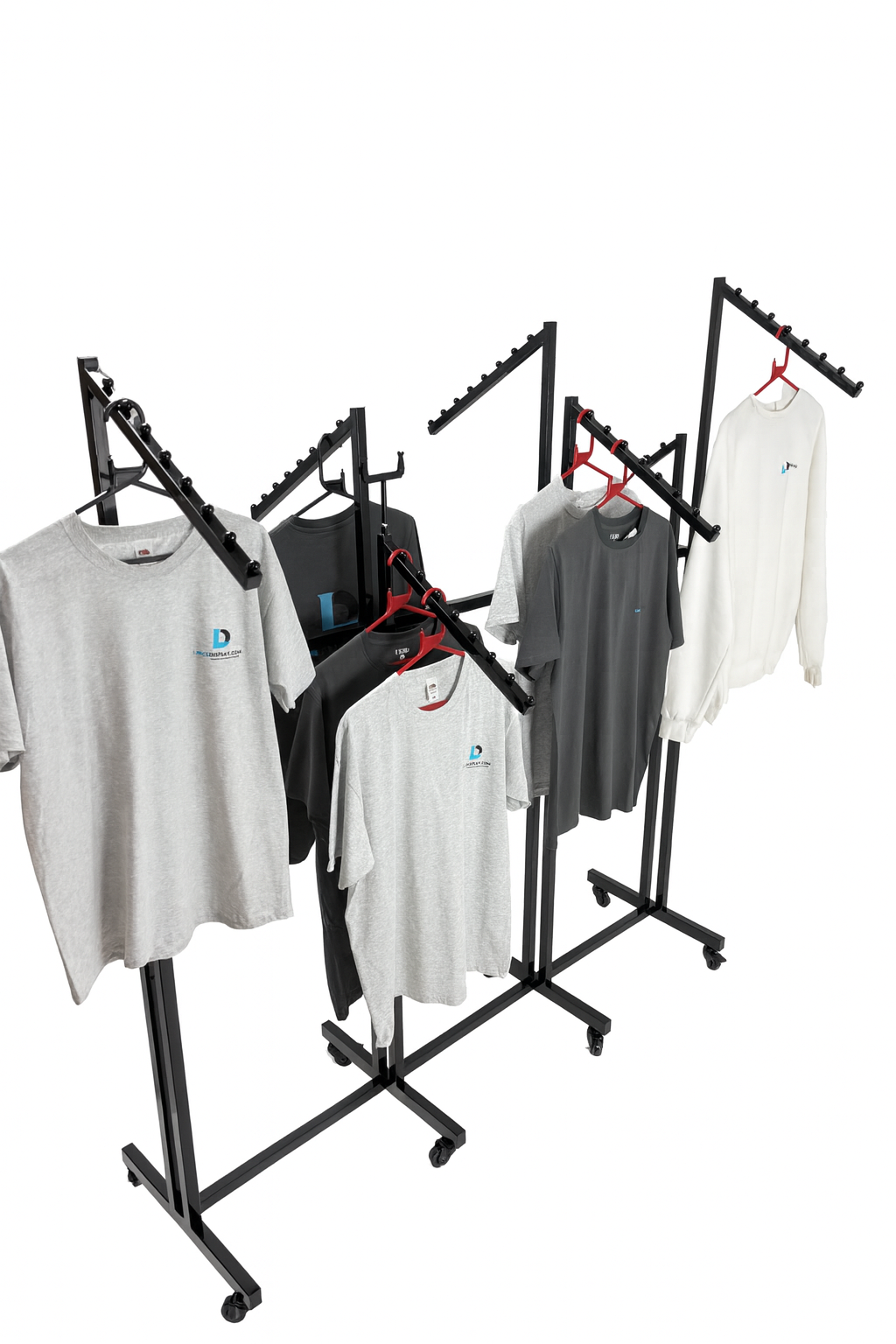 Heavy Duty 8-Way Waterfall Arm Clothing Rail - Adjustable Black Retail Display Stand with Castors & Brakes