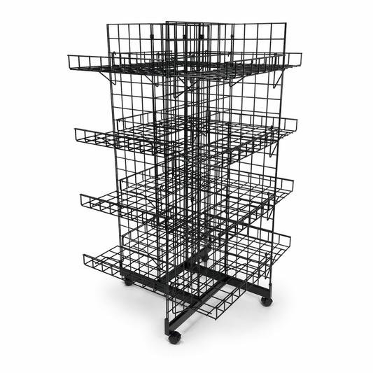 6ft Black 4-Way Grid Mesh Display Stand With 24 Shelves & Wheels