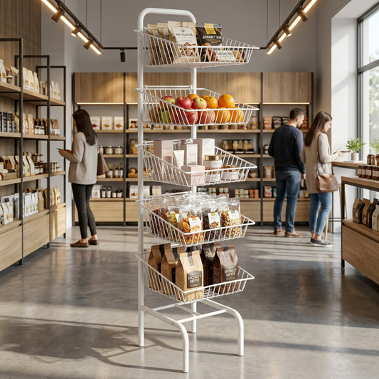 5 Tier Basket Stand White Shop Display for Bread, Snacks, Clothes or Toys