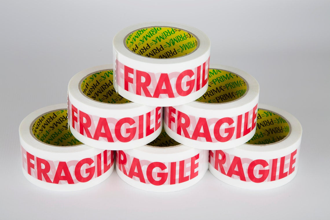 6x Rolls Prima Fragile Printed Strong Parcel Tape 48mm 66m