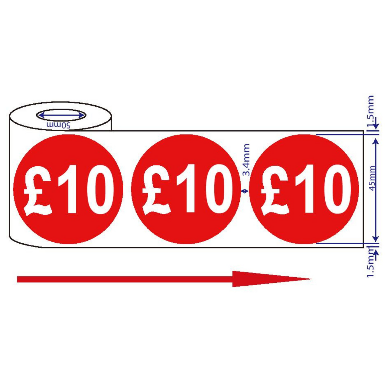 500x 45mm £10 Red Self Adhesive Price Stickers