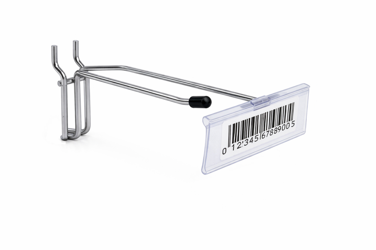 8 Inch Heavy Duty Chrome Single Prong Pegboard Hook with Overhead Arm for Price Holder