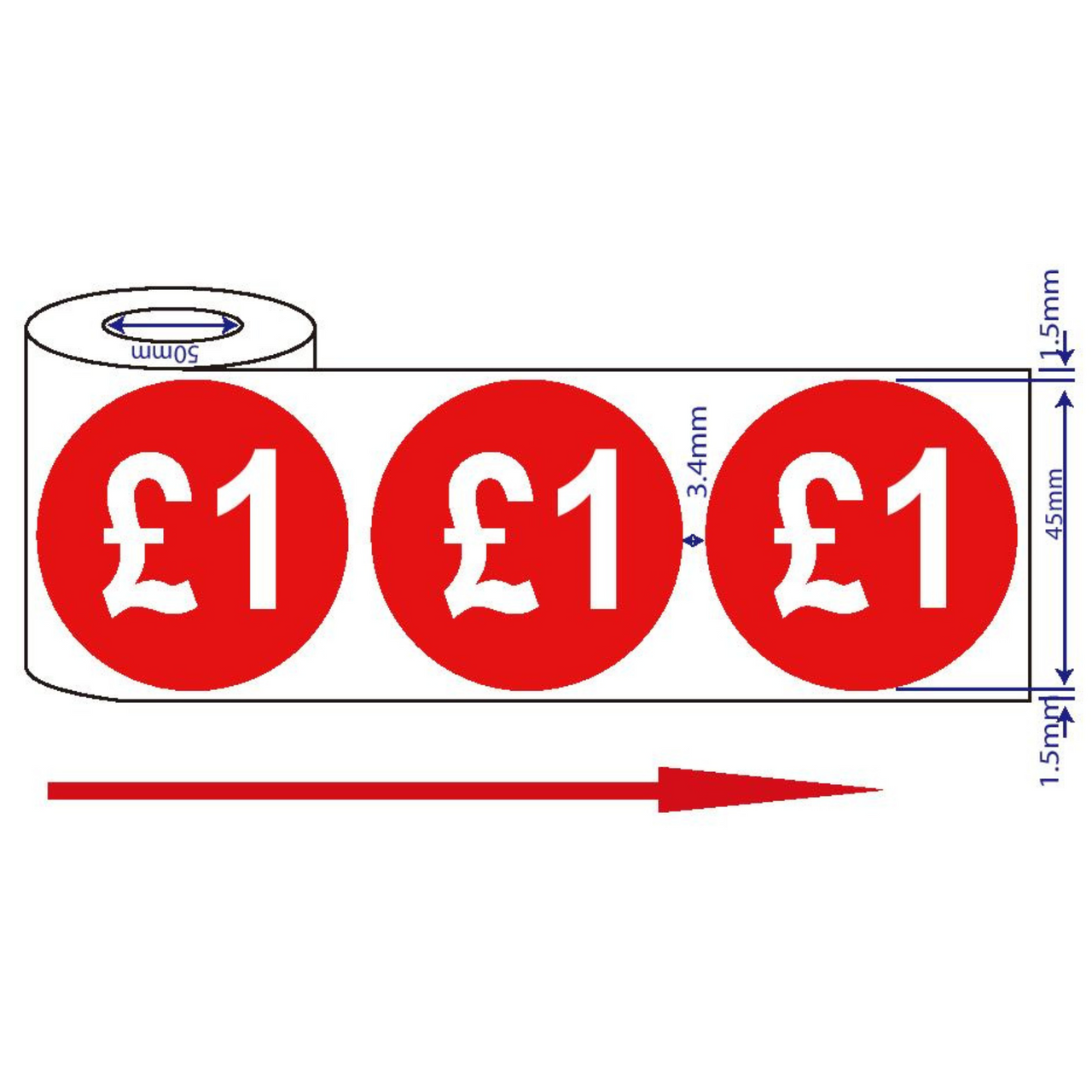 500x 45mm £1 Red Self Adhesive Price Stickers