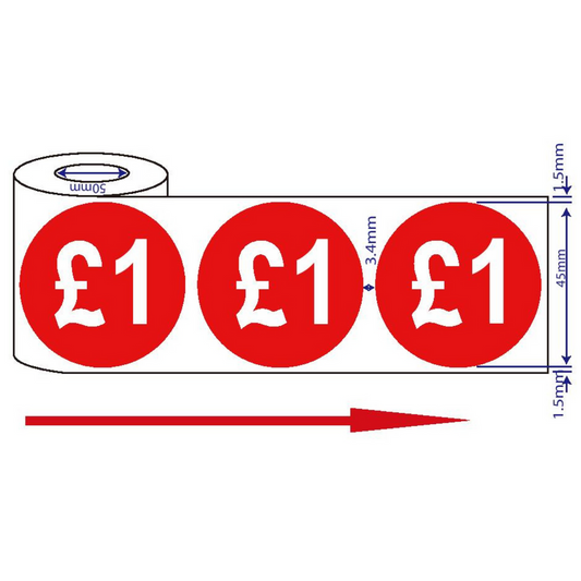 500x 45mm £1 Red Self Adhesive Price Stickers