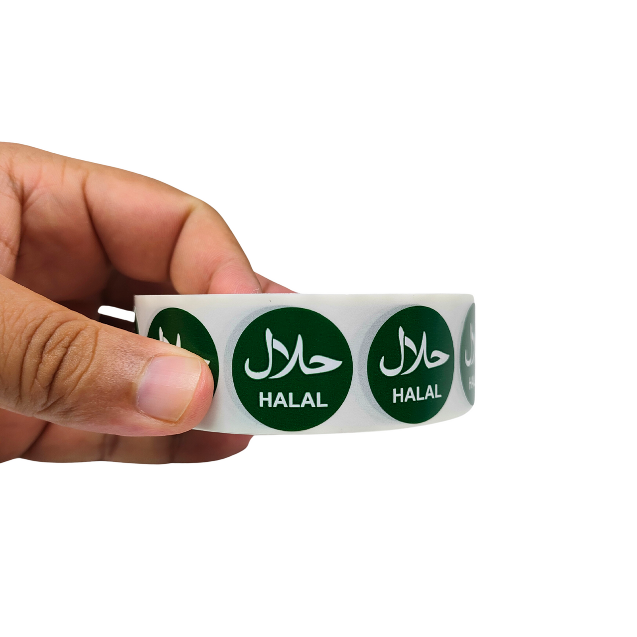 Plain green 25mm sticker featuring 'Halal' in white text in both Arabic and English, with a clean design, ideal for labelling food packaging