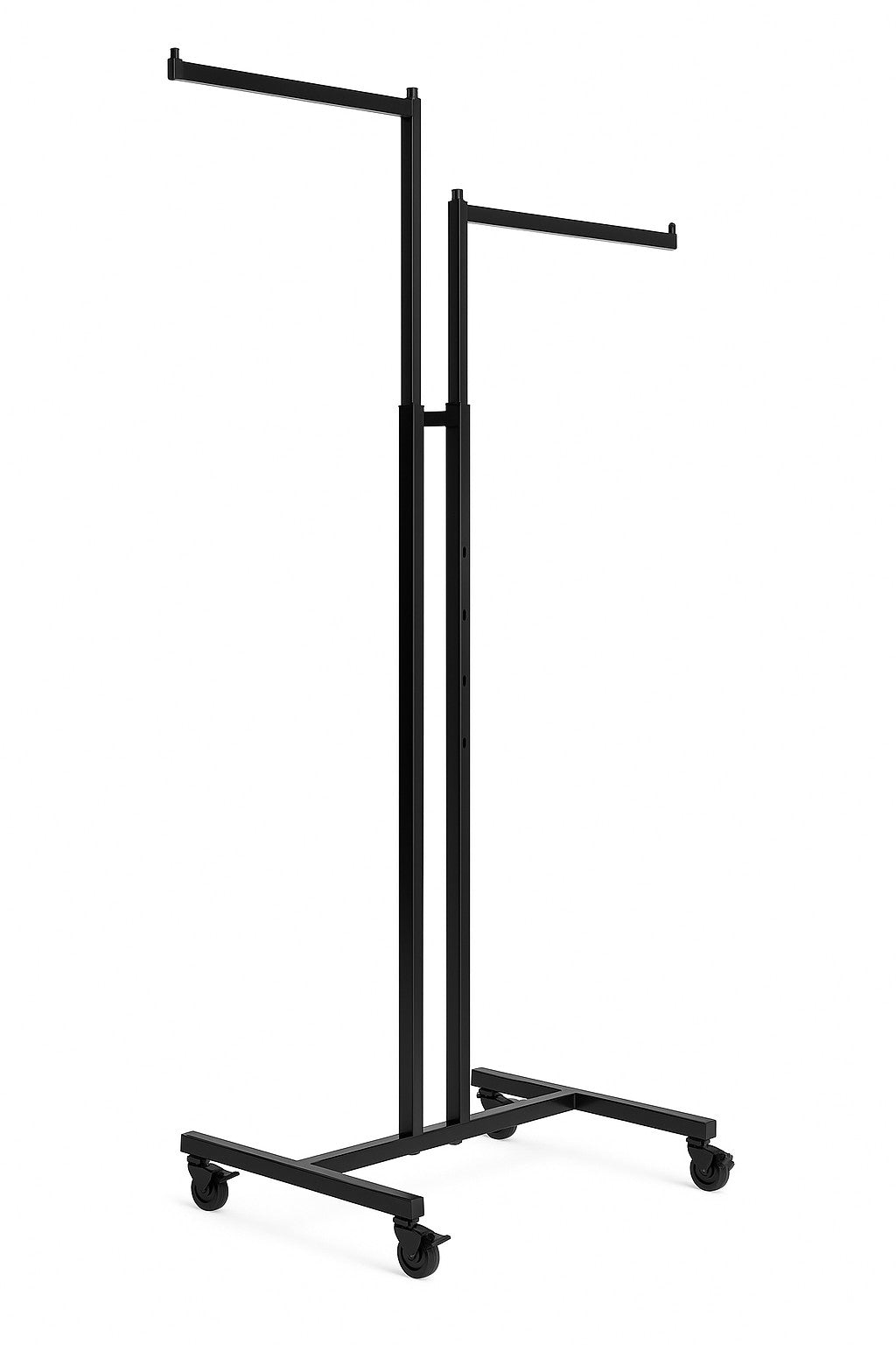 Heavy Duty 2-Way Straight Arm Clothing Rail – Adjustable Black Retail Display Stand  with Castors & Brakes