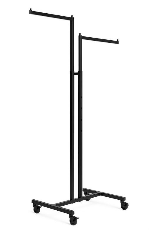 Heavy Duty 2-Way Straight Arm Clothing Rail – Adjustable Black Retail Display Stand  with Castors & Brakes