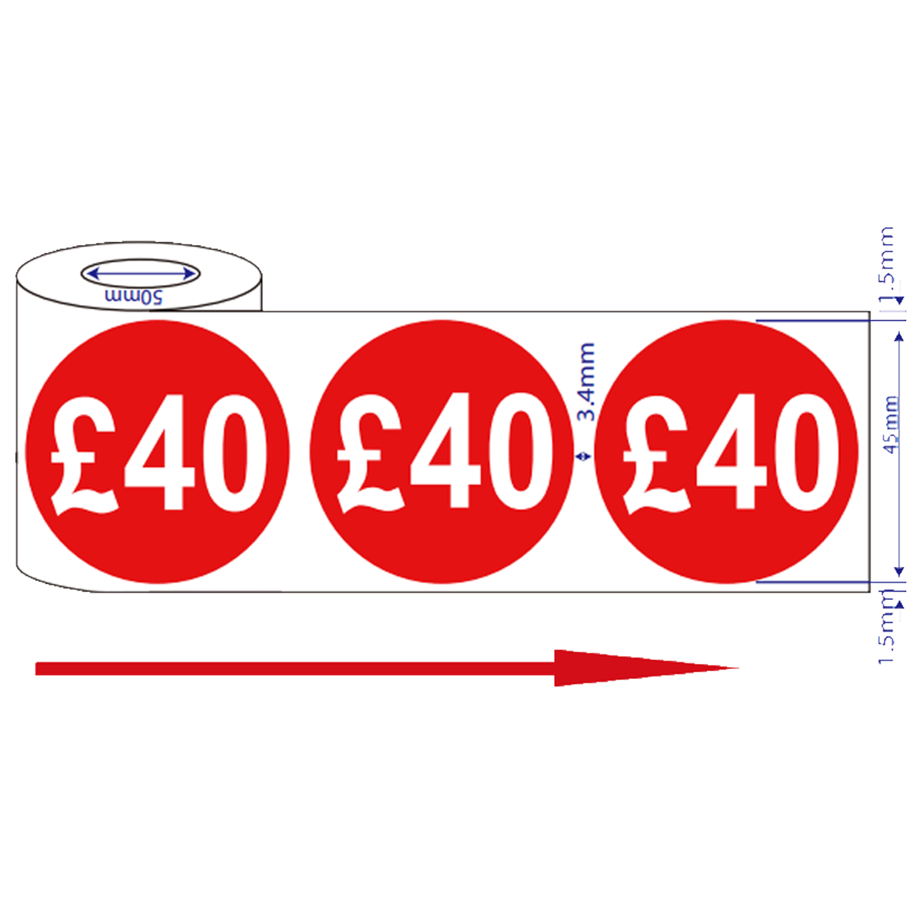 500x 45mm £40 Red Self Adhesive Round Price Stickers