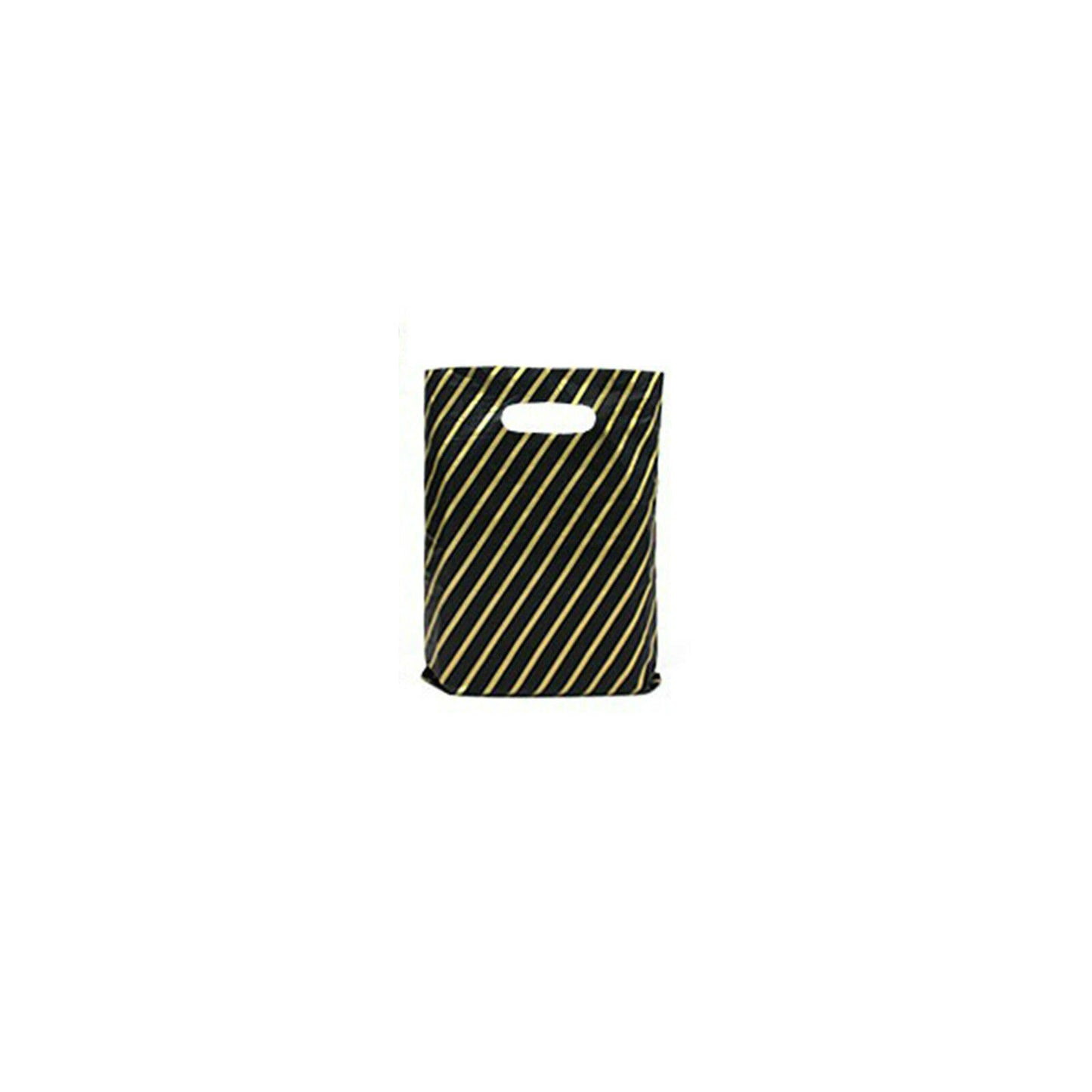 500x Black And Gold Strong Plastic Carrier Bags Striped Shopping Retail Bags