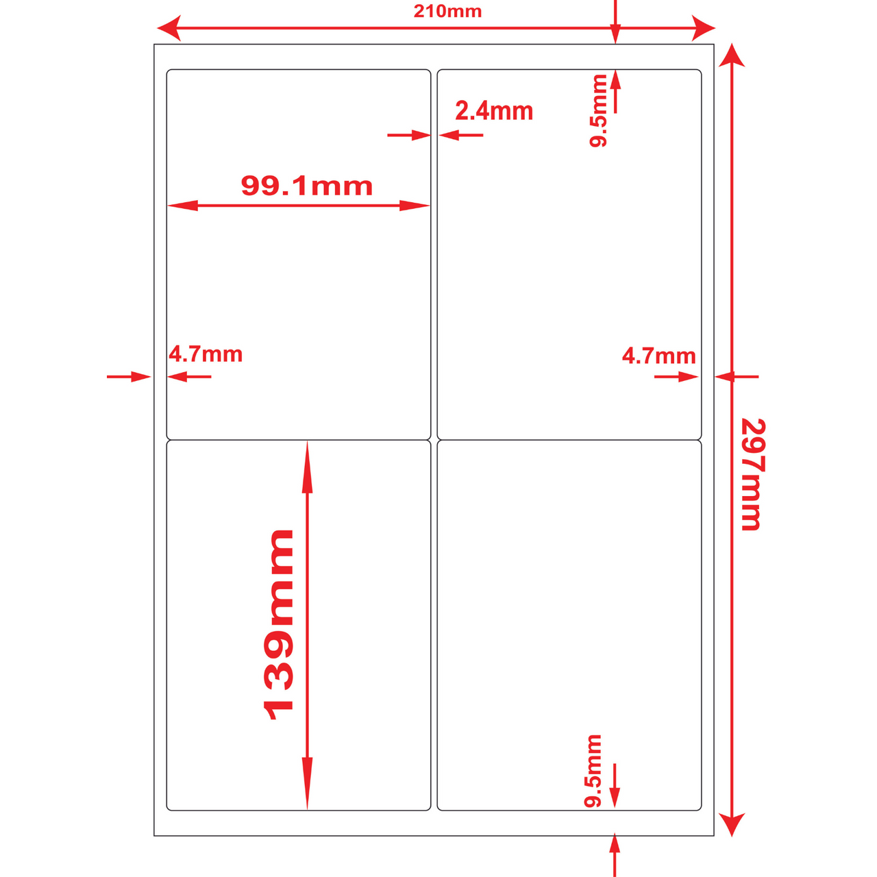 Multi-Purpose A4 White Self-Adhesive Labels 4 Label Dimensions