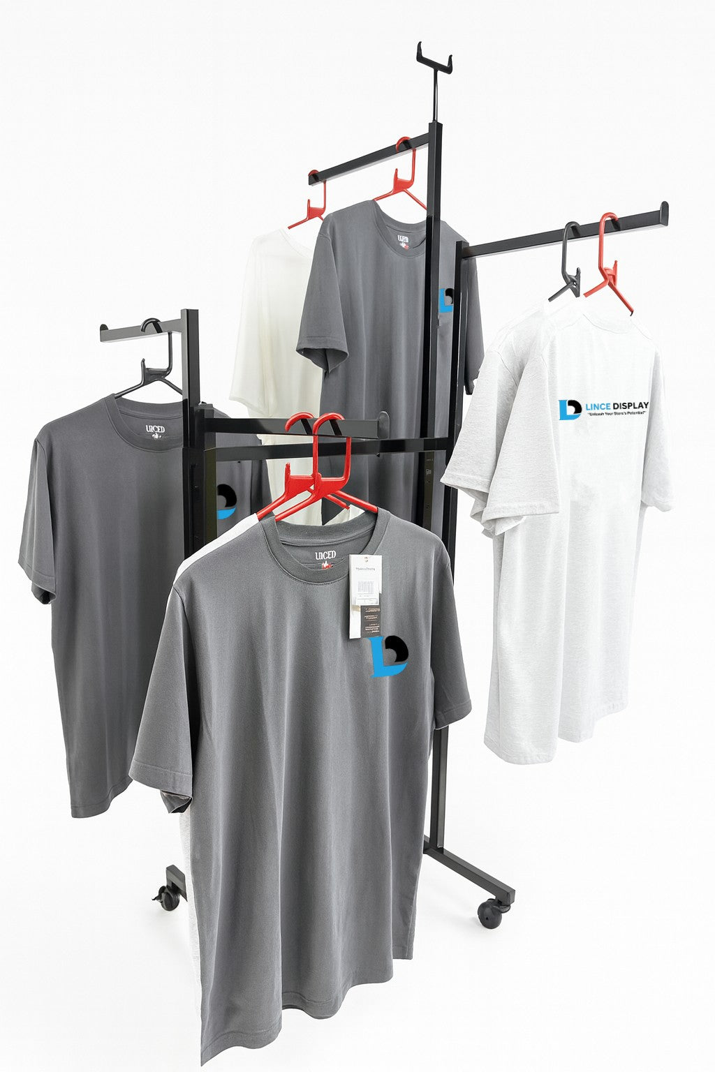Heavy Duty 4-Way Straight Arm Clothing Rail – Adjustable Black Retail Display Stand  with Castors & Brakes
