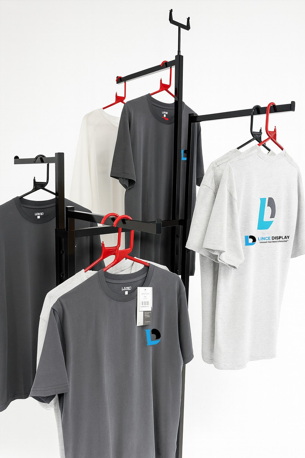 Heavy Duty 4-Way Straight Arm Clothing Rail – Adjustable Black Retail Display Stand  with Castors & Brakes