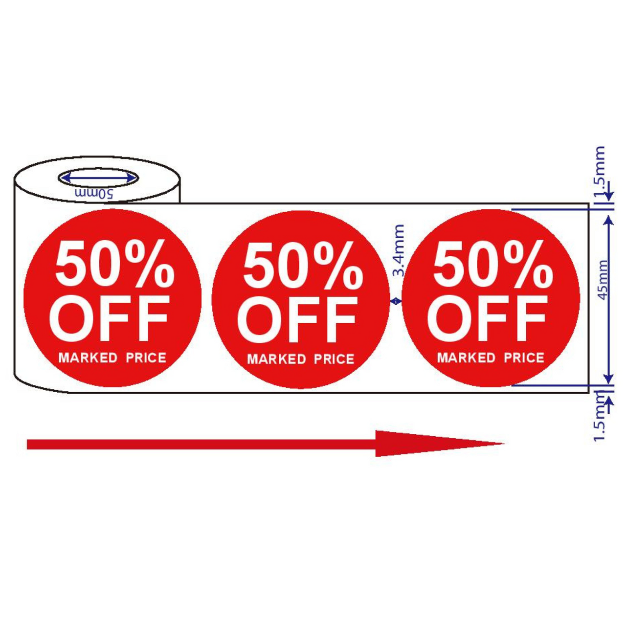 500x45mm 50% Off Red Price Self-Adhesive Stickers