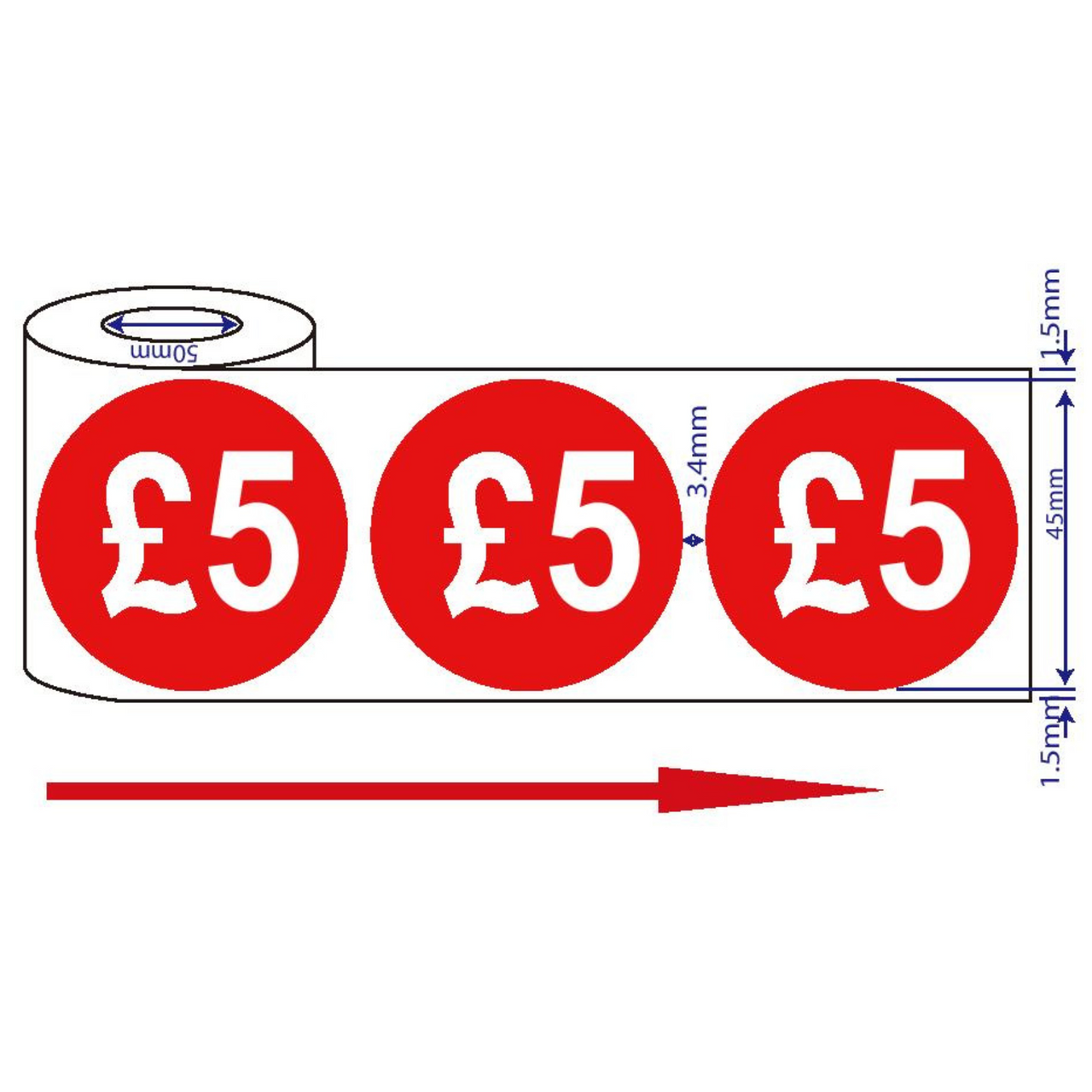 500x 45mm £5 Red Self Adhesive Price Stickers