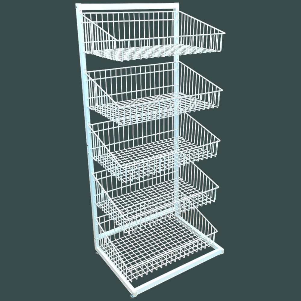White 5 x Tier Single Side Display Baskets-65cm