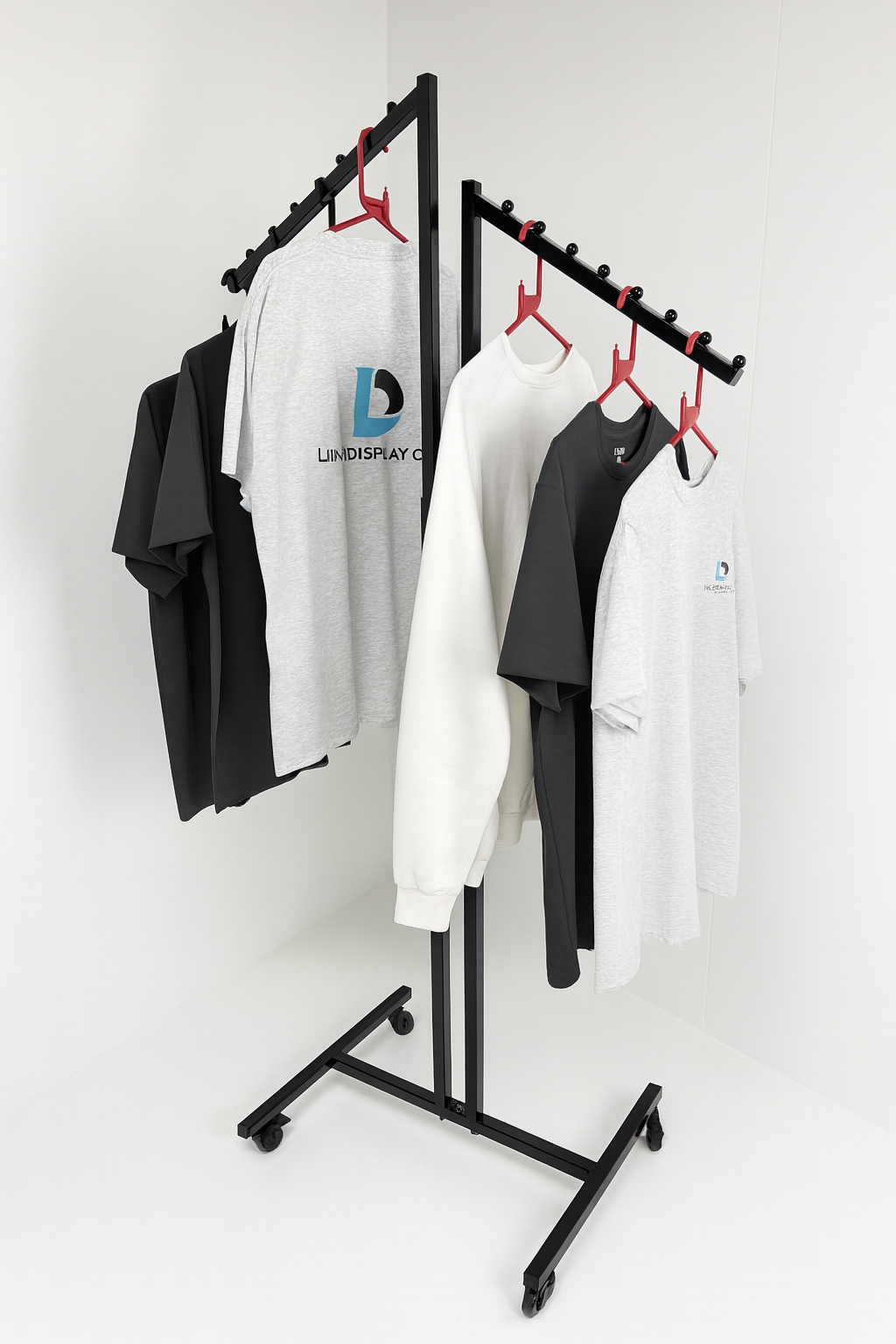 Heavy Duty 2-Way Sloping Arm Clothing Rail – Adjustable Black Retail Display Stand  with Castors & Brakes
