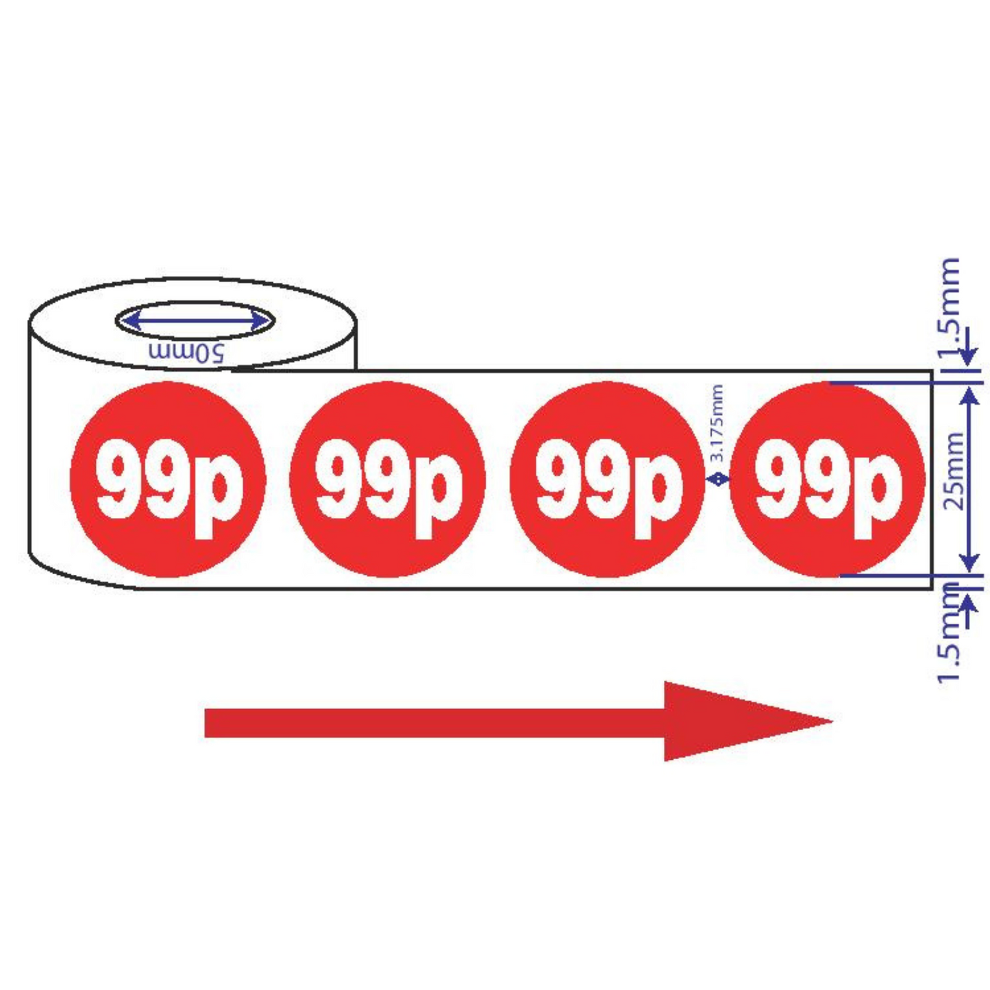 1000x25 49p-99p mm Red Price Self Adhesive Stickers Sticky Labels For Retail Display