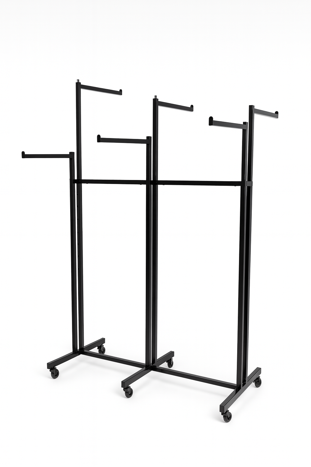 Heavy Duty 6-Way Straight Arm Clothing Rail – Adjustable Black Retail Display Stand with Castors & Brakes