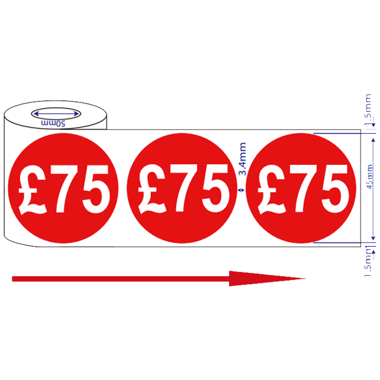 500x 45mm £75 Red Self Adhesive Round Price Stickers