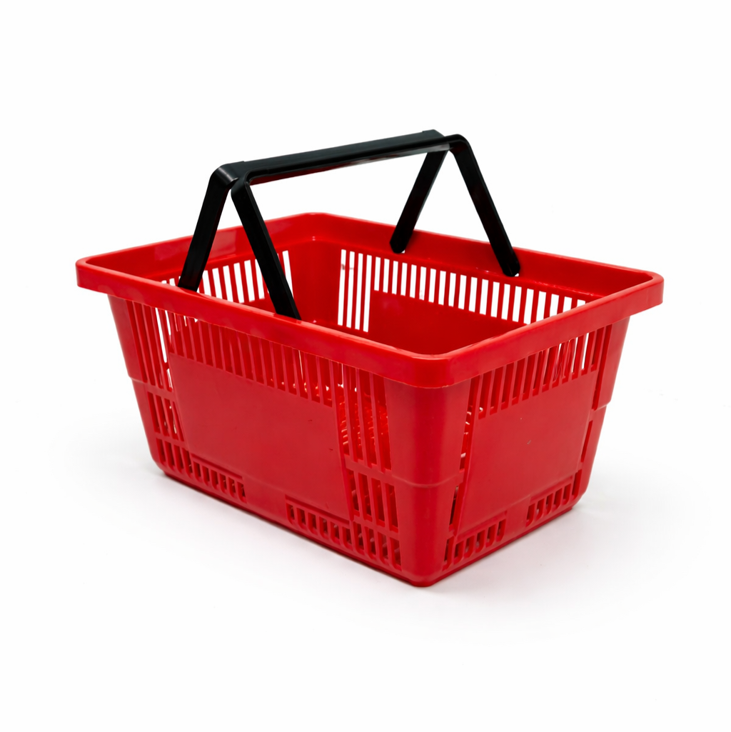 28 Litre Heavy Duty Retail Shopping Basket with Foldable Handles – Stackable HDPE Store Basket (5 Colours)