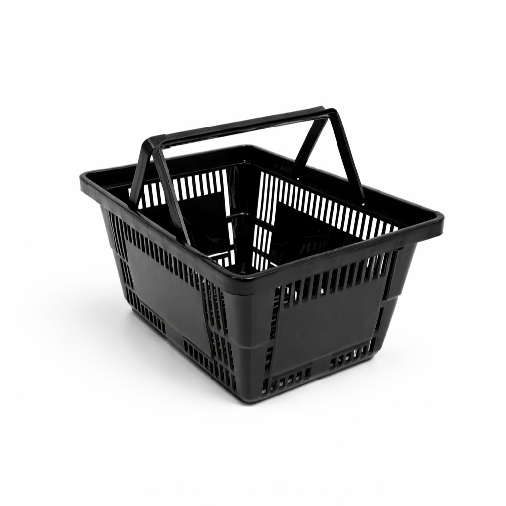 28 Litre Heavy Duty Retail Shopping Basket with Foldable Handles – Stackable HDPE Store Basket (5 Colours)