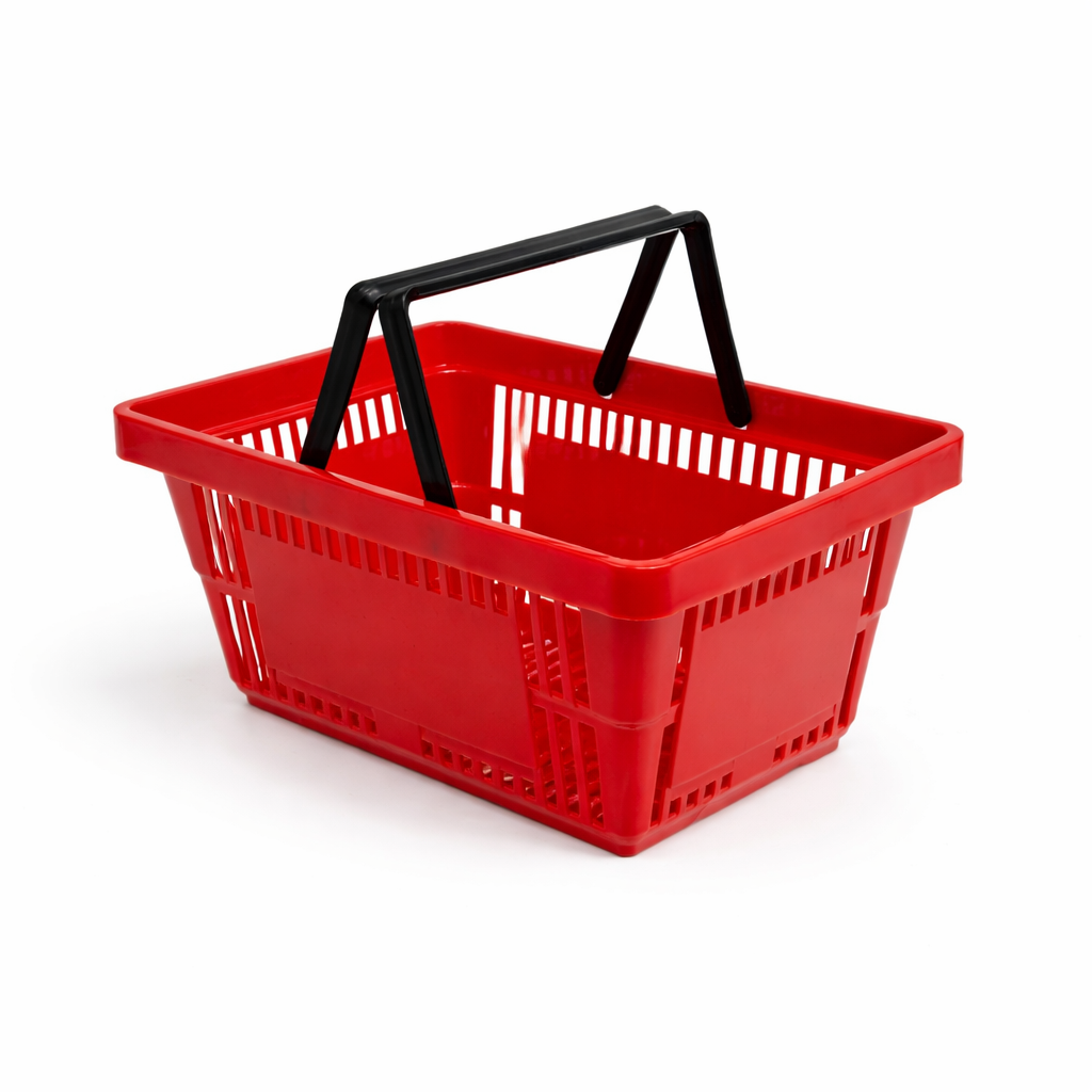 21 Litre Heavy Duty Retail Shopping Basket with Foldable Handles – Stackable Plastic Basket