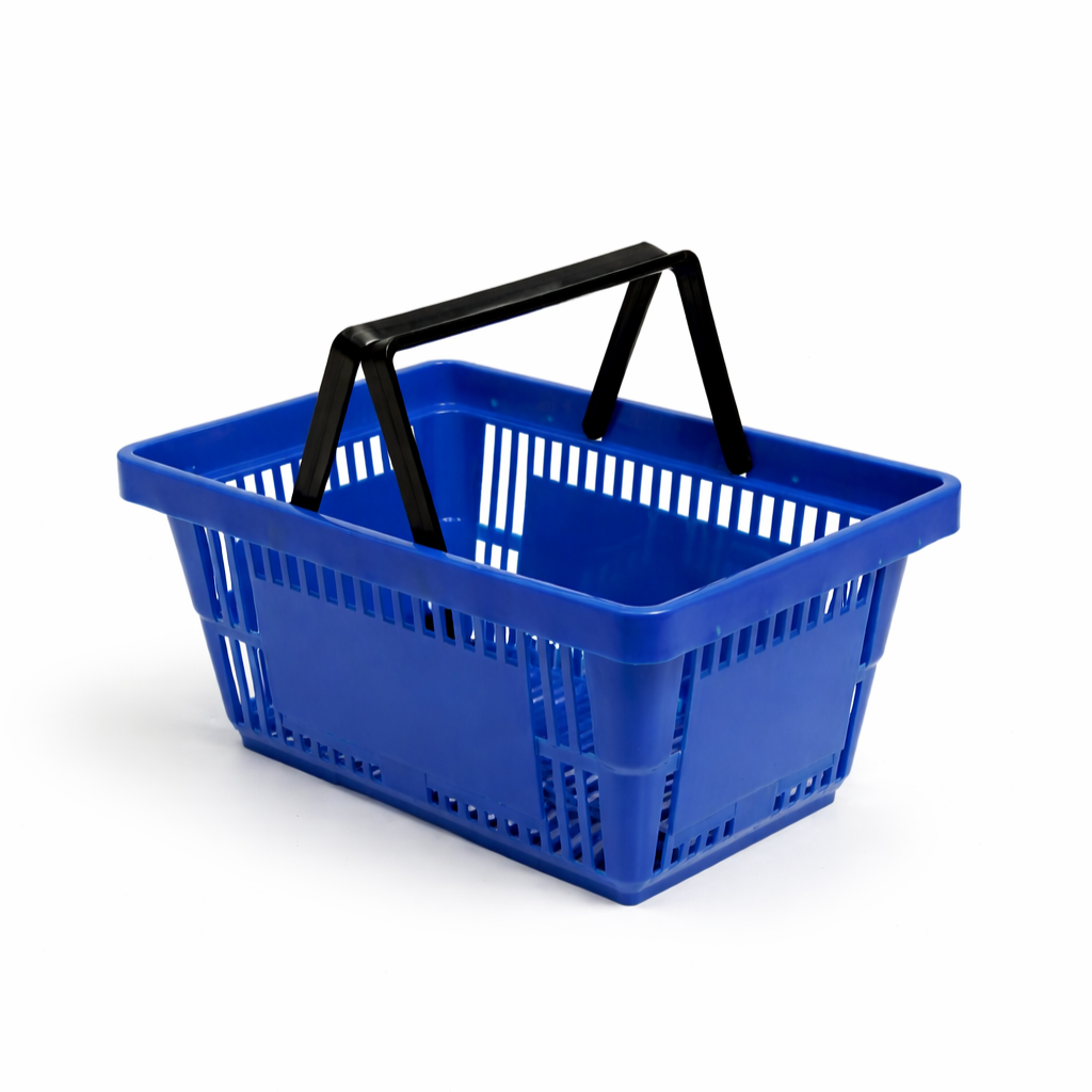 21 Litre Heavy Duty Retail Shopping Basket with Foldable Handles – Stackable Plastic Basket