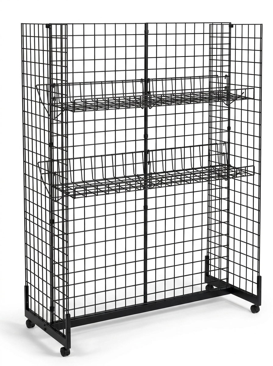 5ft H-Shape Grid Mesh Gondola Display Stand with Wheels – Double-Sided Retail Gridwall Merchandiser with Shelves