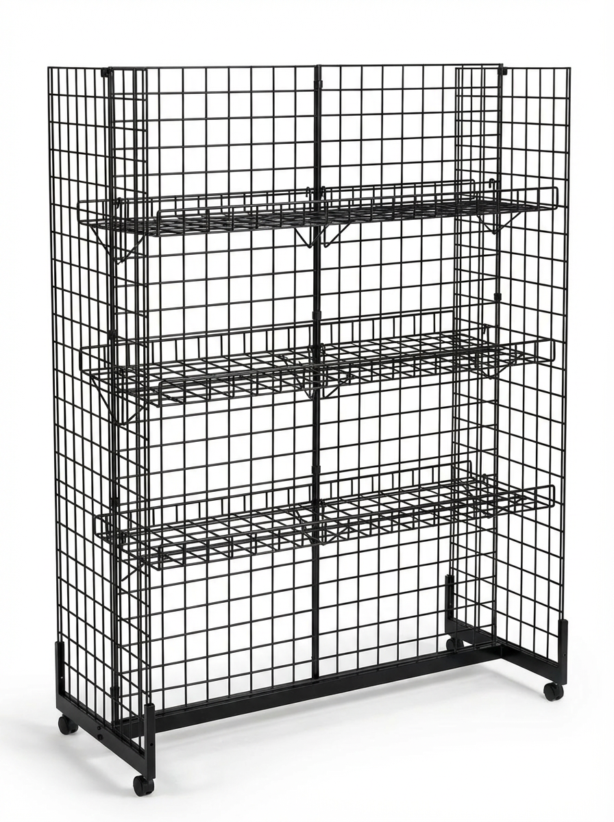 5ft H-Shape Grid Mesh Gondola Display Stand with Wheels – Double-Sided Retail Gridwall Merchandiser with Shelves