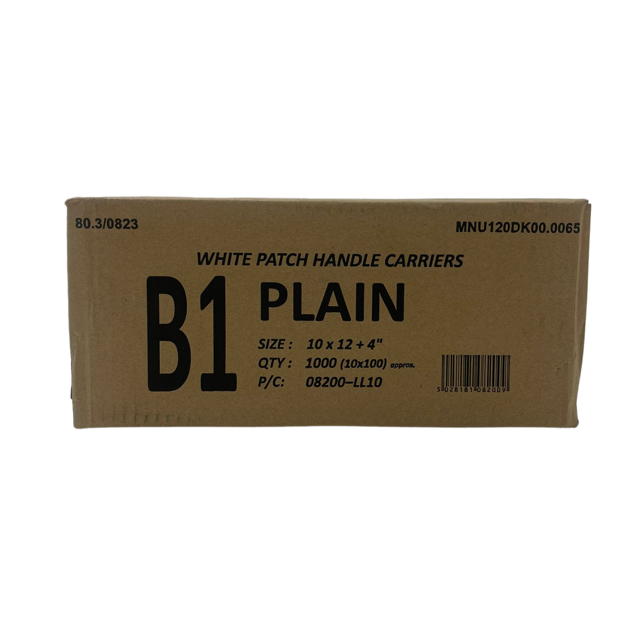 10" x 12" Strong White Patch Handle Plastic Carrier Bag with reinforced handles, available in packs of 100 or boxes of 1000
