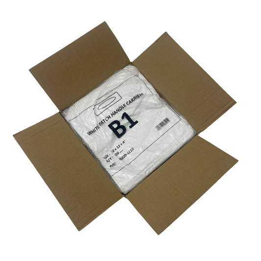 10" x 12" Strong White Patch Handle Plastic Carrier Bag with reinforced handles, available in packs of 100 or boxes of 1000