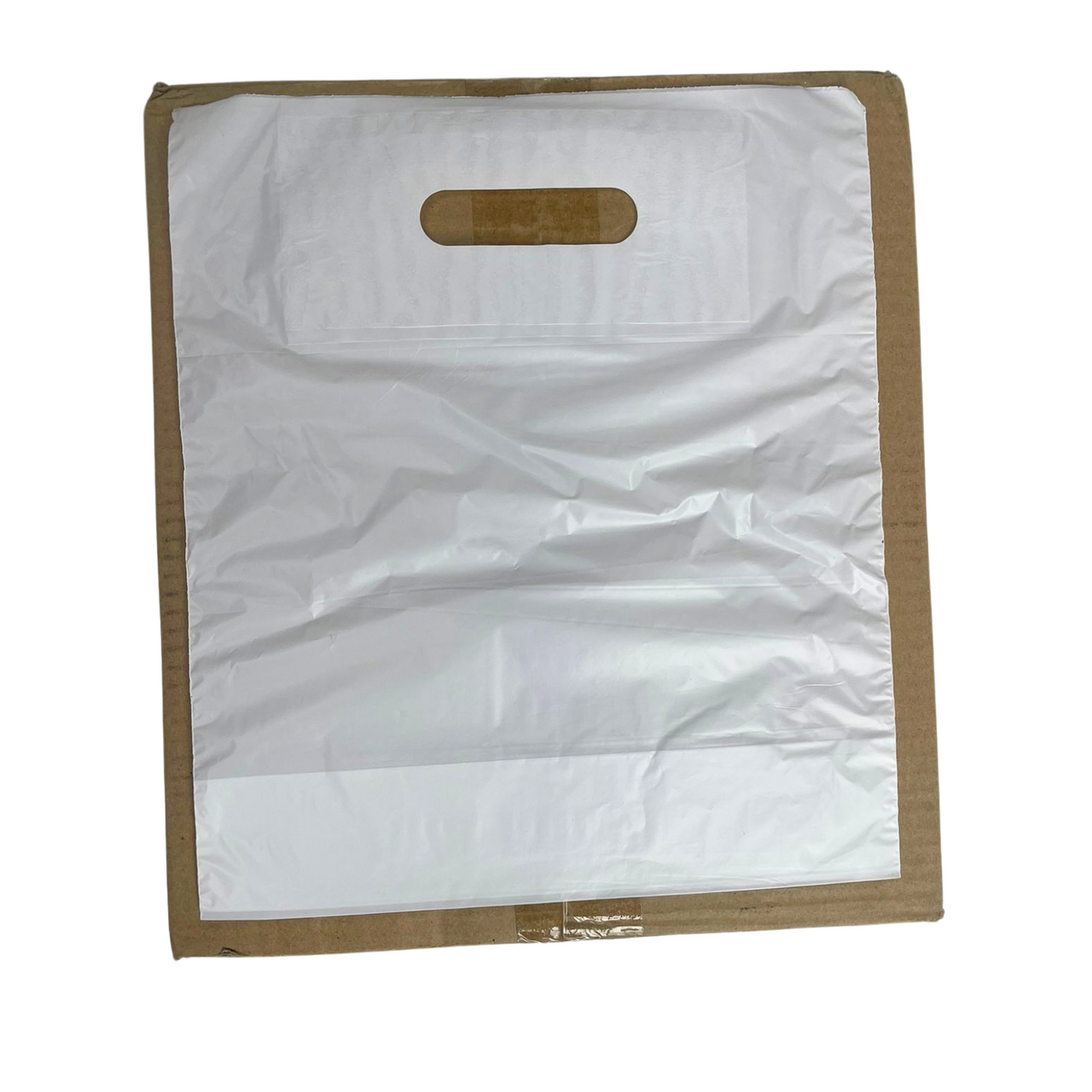 10" x 12" Strong White Patch Handle Plastic Carrier Bag with reinforced handles, available in packs of 100 or boxes of 1000