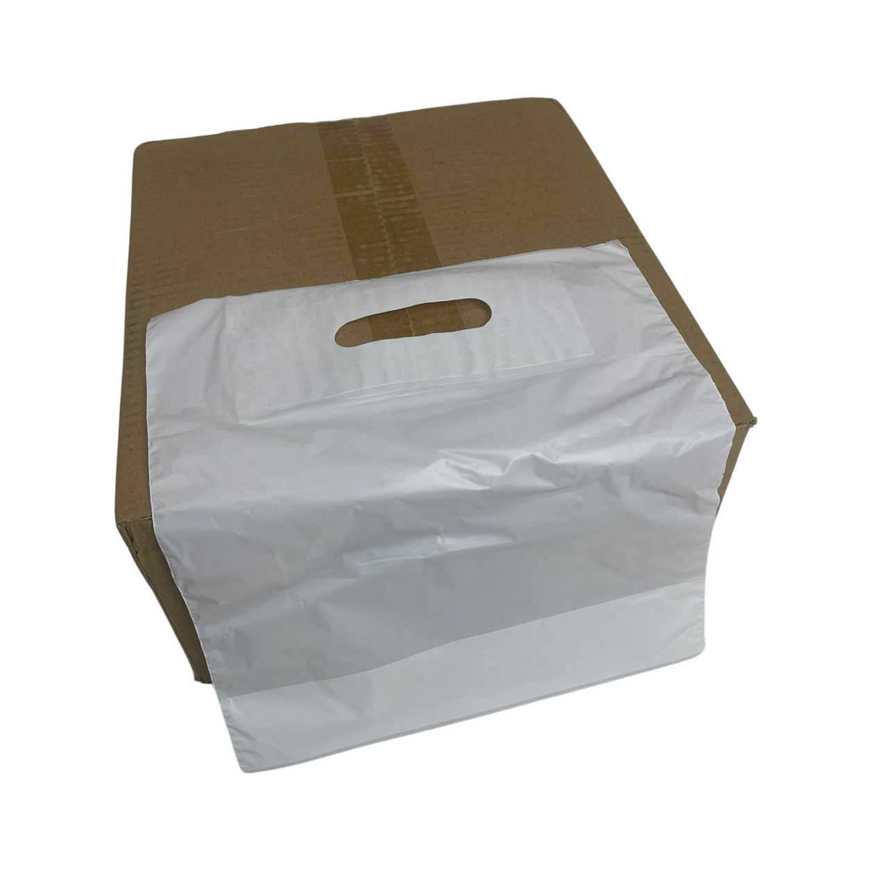 10" x 12" Strong White Patch Handle Plastic Carrier Bag with reinforced handles, available in packs of 100 or boxes of 1000