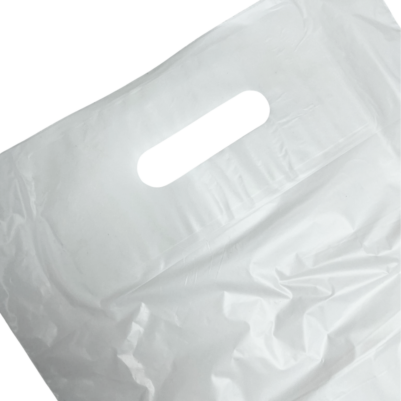 10" x 12" Strong White Patch Handle Plastic Carrier Bag with reinforced handles, available in packs of 100 or boxes of 1000