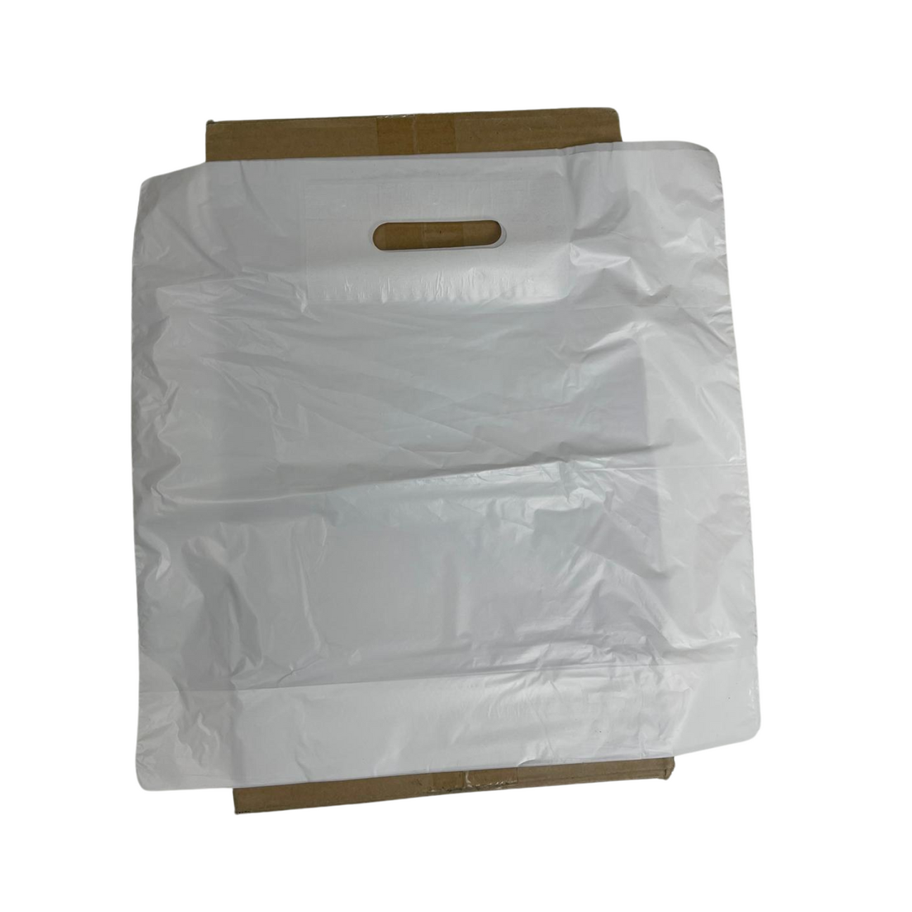 14" x 14" Strong White Patch Handle Plastic Carrier Bag with reinforced handles, available in packs of 100 or boxes of 1000