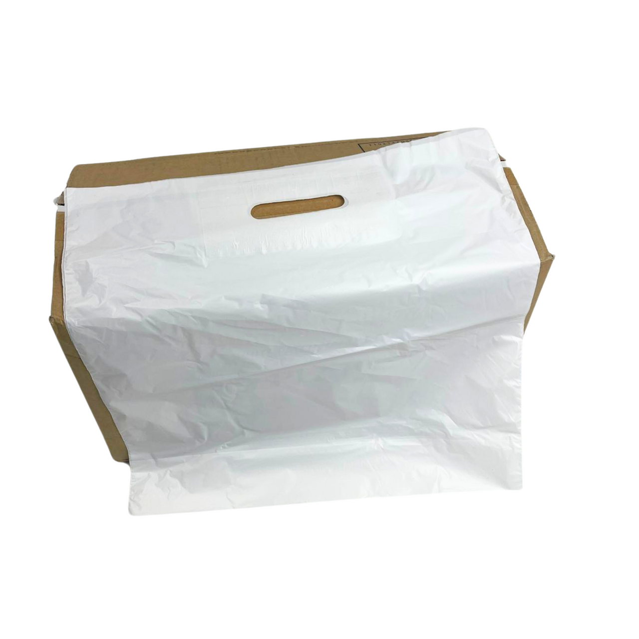 14" x 14" Strong White Patch Handle Plastic Carrier Bag with reinforced handles, available in packs of 100 or boxes of 1000