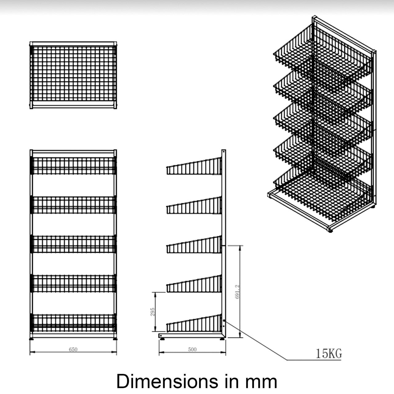 Black 5 x Tier Single Side Display Baskets-65cm