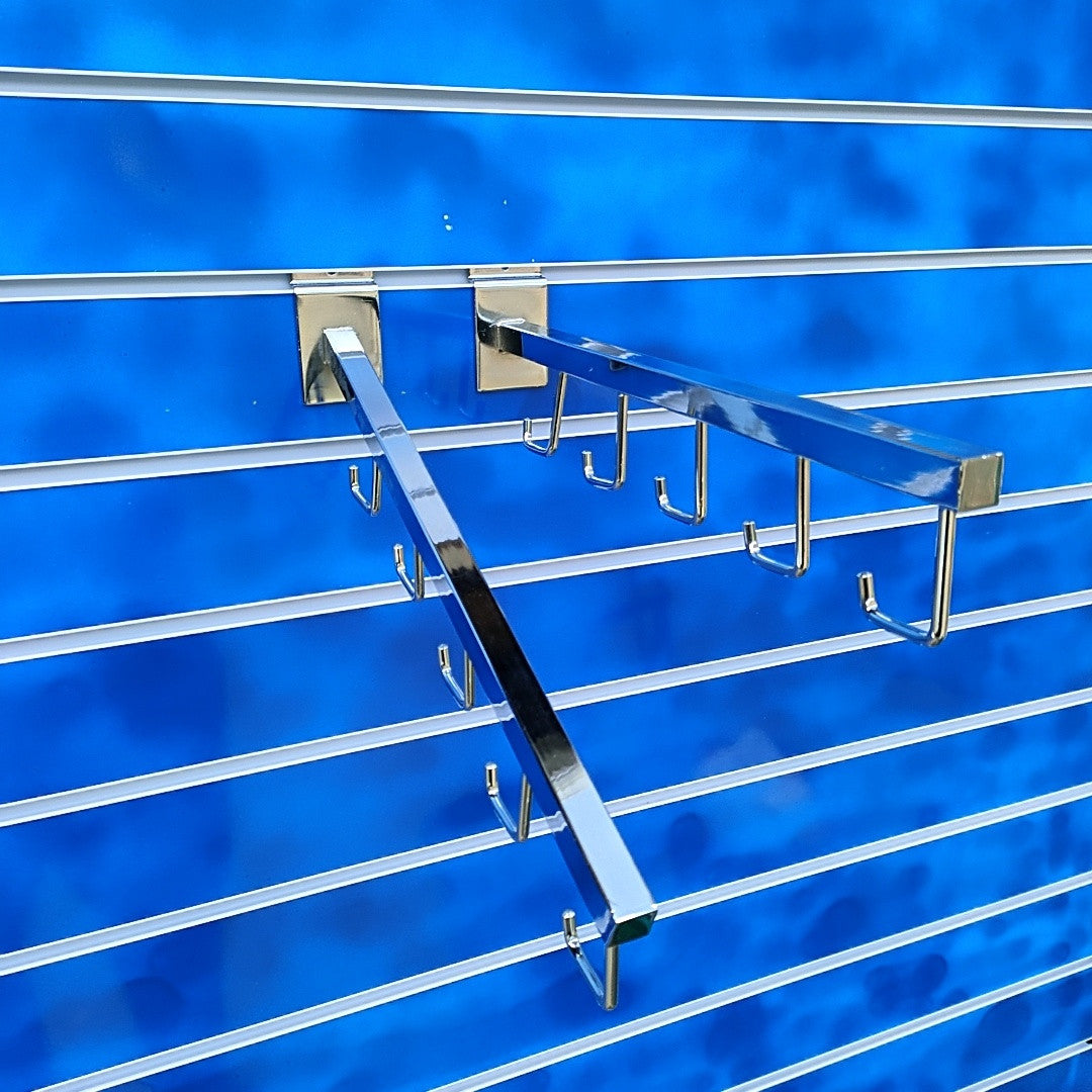 Slatwall Straight & Angled 5 Hook Display Arm Sloped Chrome Finish Retail Shop