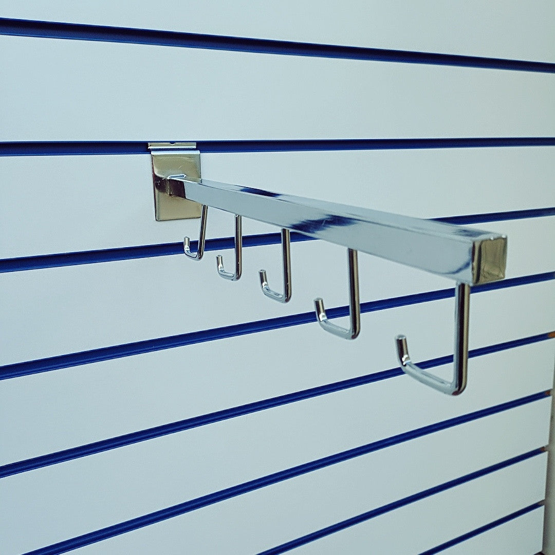 Slatwall Straight & Angled 5 Hook Display Arm Sloped Chrome Finish Retail Shop