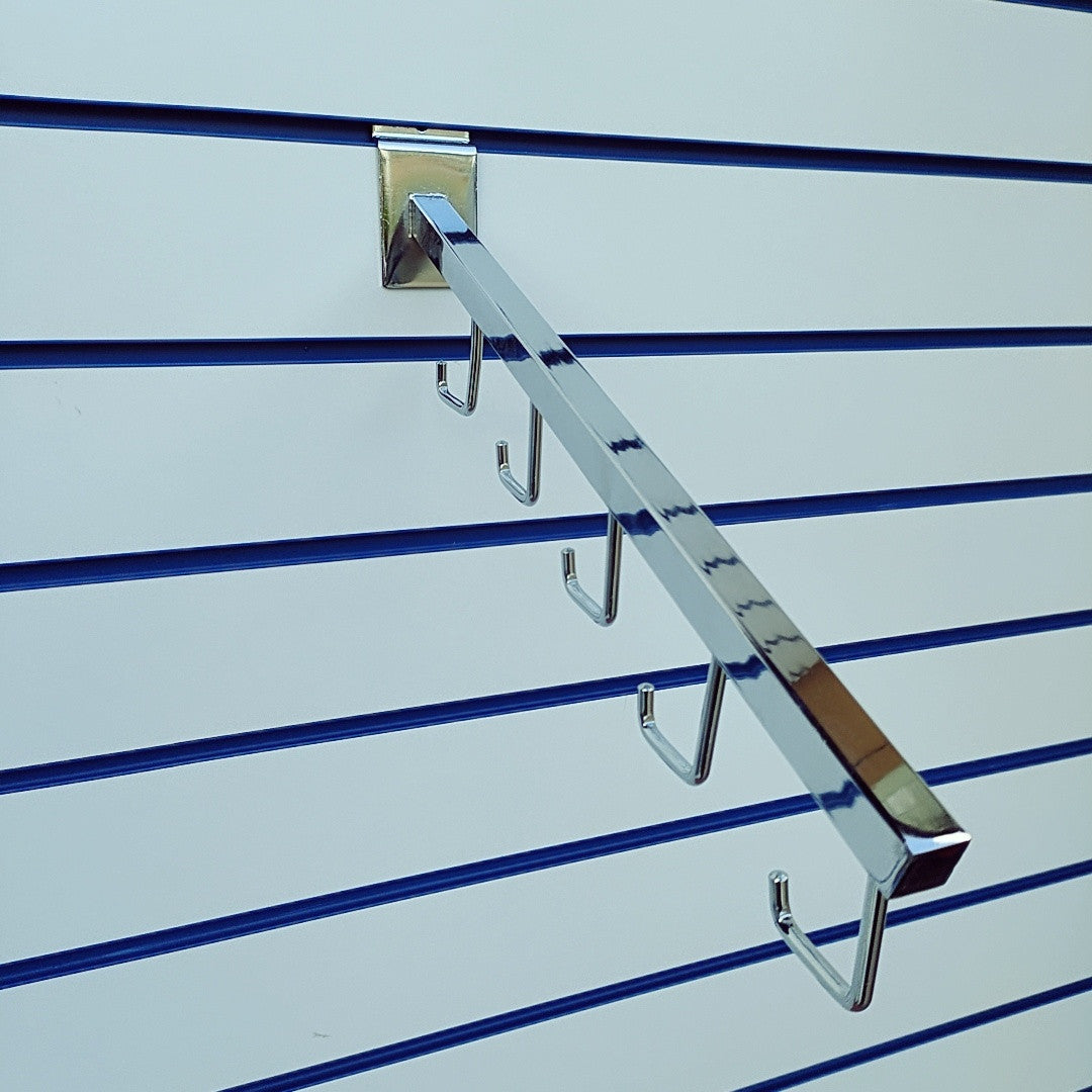 Slatwall Straight & Angled 5 Hook Display Arm Sloped Chrome Finish Retail Shop