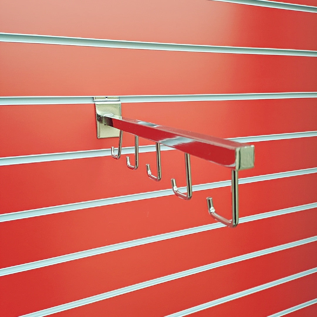 Slatwall Straight & Angled 5 Hook Display Arm Sloped Chrome Finish Retail Shop