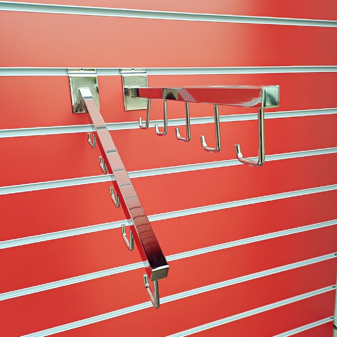 Slatwall Straight & Angled 5 Hook Display Arm Sloped Chrome Finish Retail Shop