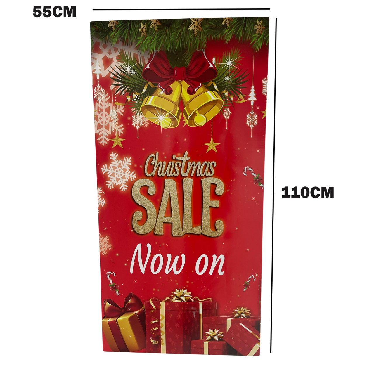 Festive Christmas Sale poster with a vibrant red, white, and green color scheme. The bold text reads "Christmas Sale Now On" in large, eye-catching letters. Snowflakes, ornaments, and holly accents add holiday charm, creating an inviting and cheerful look perfect for retail displays, store windows, or holiday event promotions.