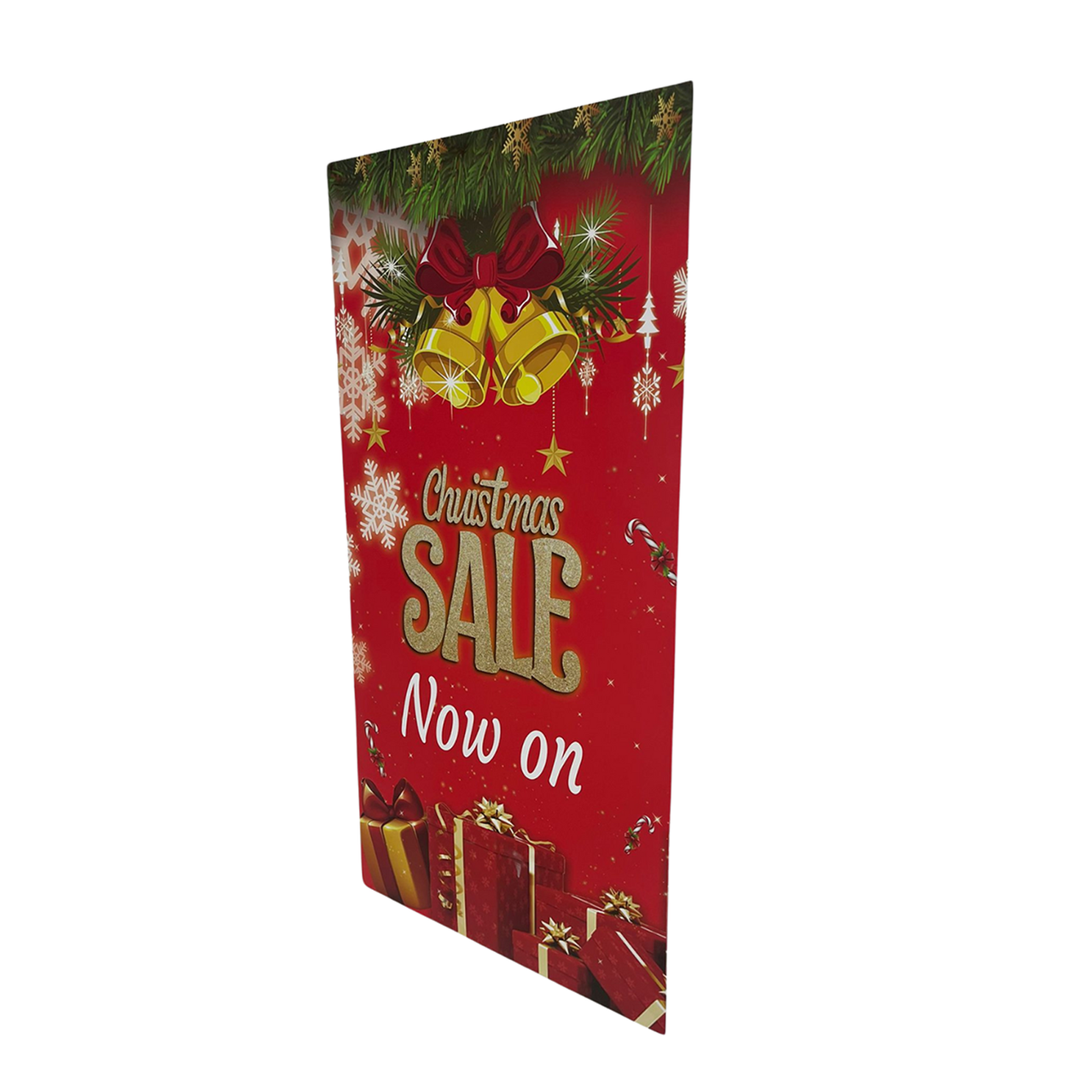 Festive Christmas Sale poster with a vibrant red, white, and green color scheme. The bold text reads "Christmas Sale Now On" in large, eye-catching letters. Snowflakes, ornaments, and holly accents add holiday charm, creating an inviting and cheerful look perfect for retail displays, store windows, or holiday event promotions.