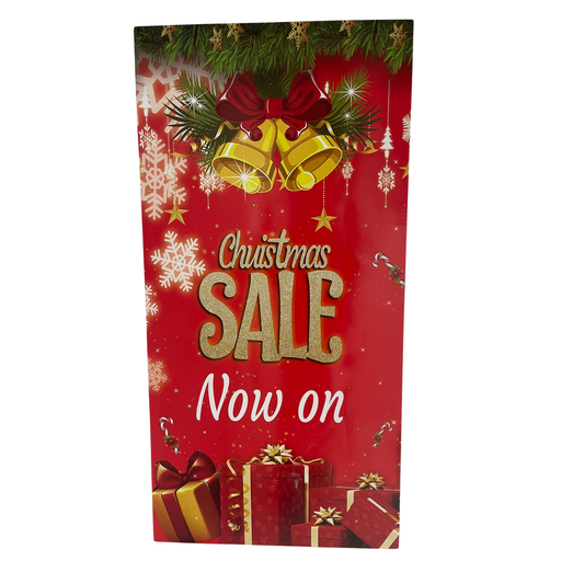 Festive Christmas Sale poster with a vibrant red, white, and green color scheme. The bold text reads "Christmas Sale Now On" in large, eye-catching letters. Snowflakes, ornaments, and holly accents add holiday charm, creating an inviting and cheerful look perfect for retail displays, store windows, or holiday event promotions.