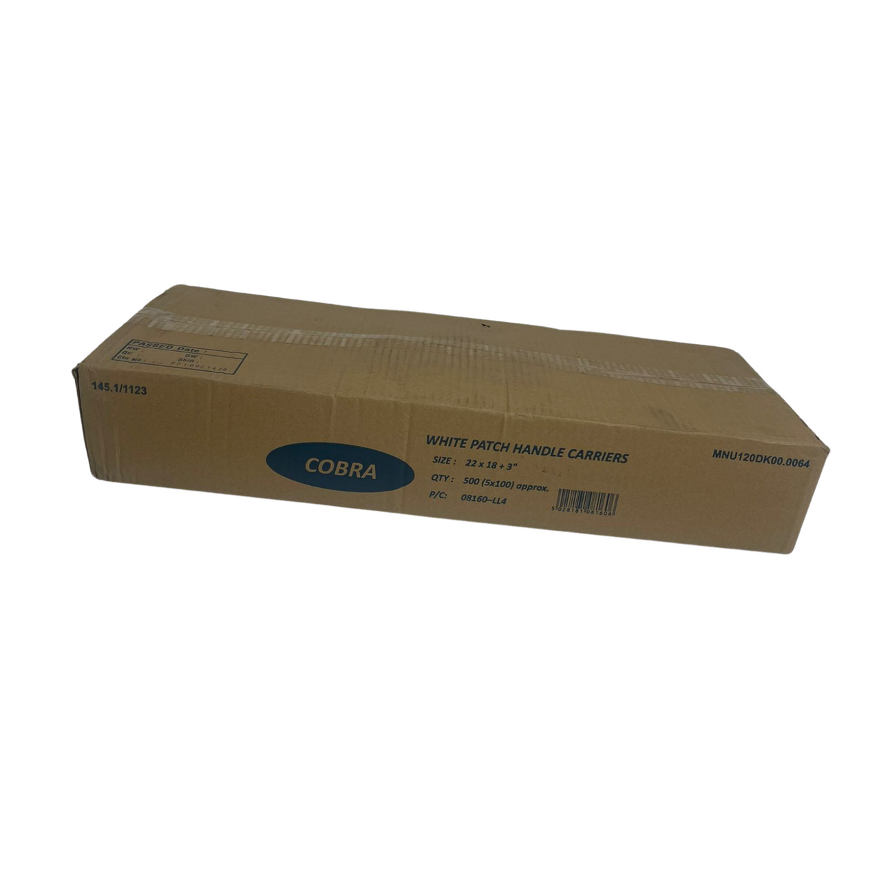 22" x 18" Strong White Patch Handle Plastic Carrier Bag with reinforced handles, available in packs of 100 or boxes of 500.